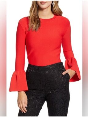 New Rachel Parcell Red Top Bell Sleeve Crew Neck Textured Size XS